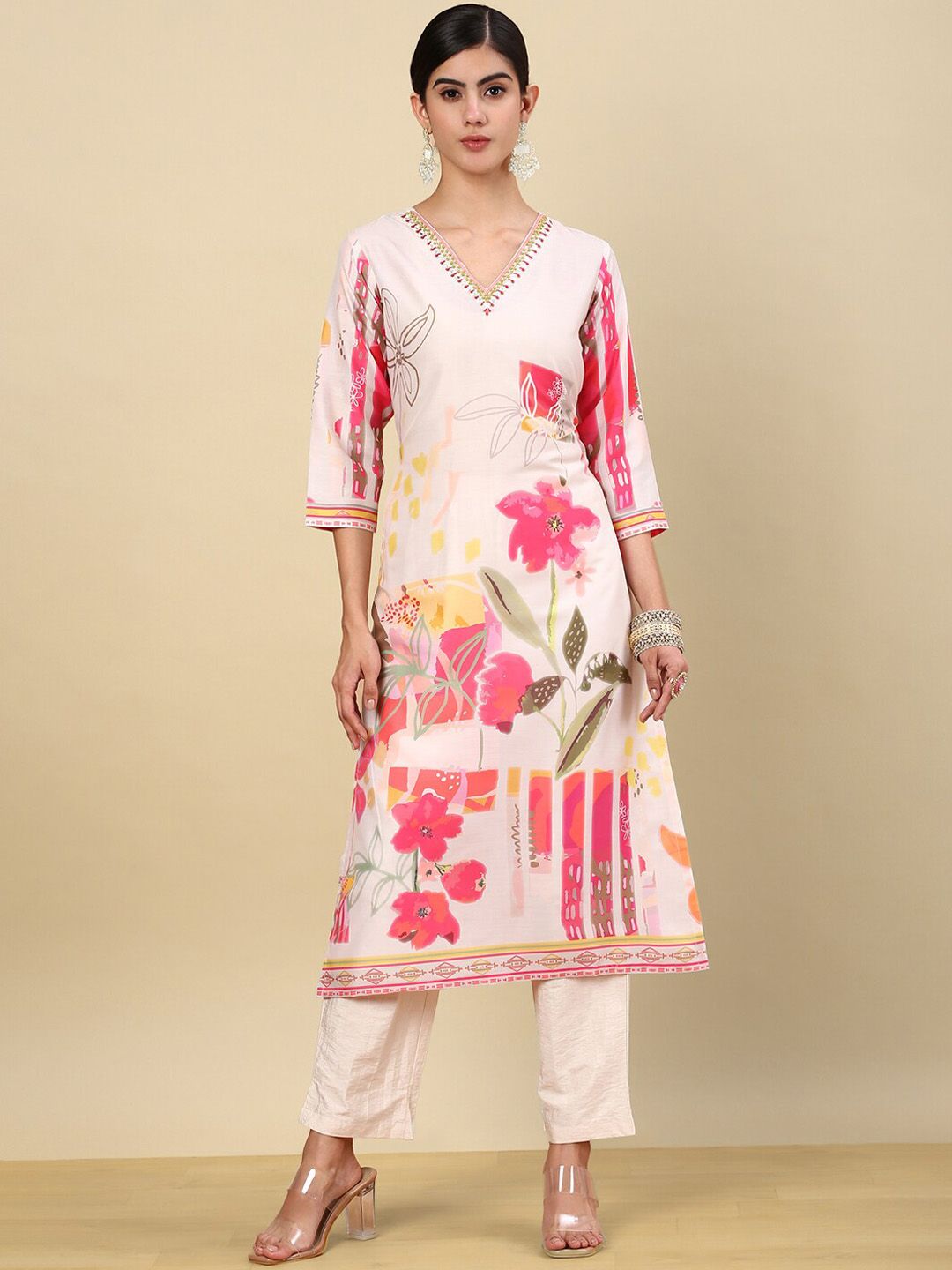 Dhiyona SO Women's Floral Printed Regular Thread Work Kurta with Trouser