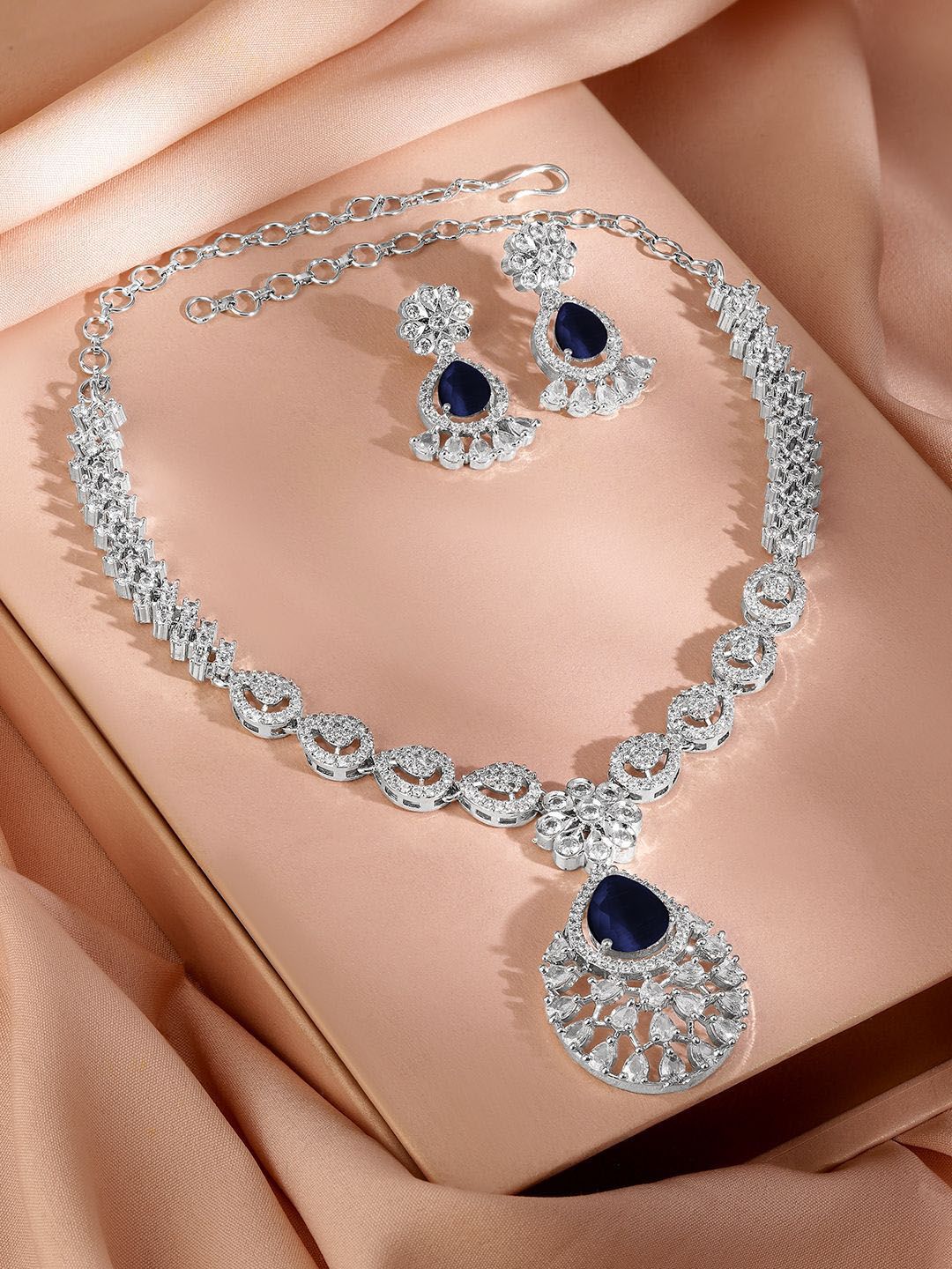 Dhiyona RJ Women's Rhodium-Plated Navy Blue AD & Cubic Zirconia Studded Necklace Set