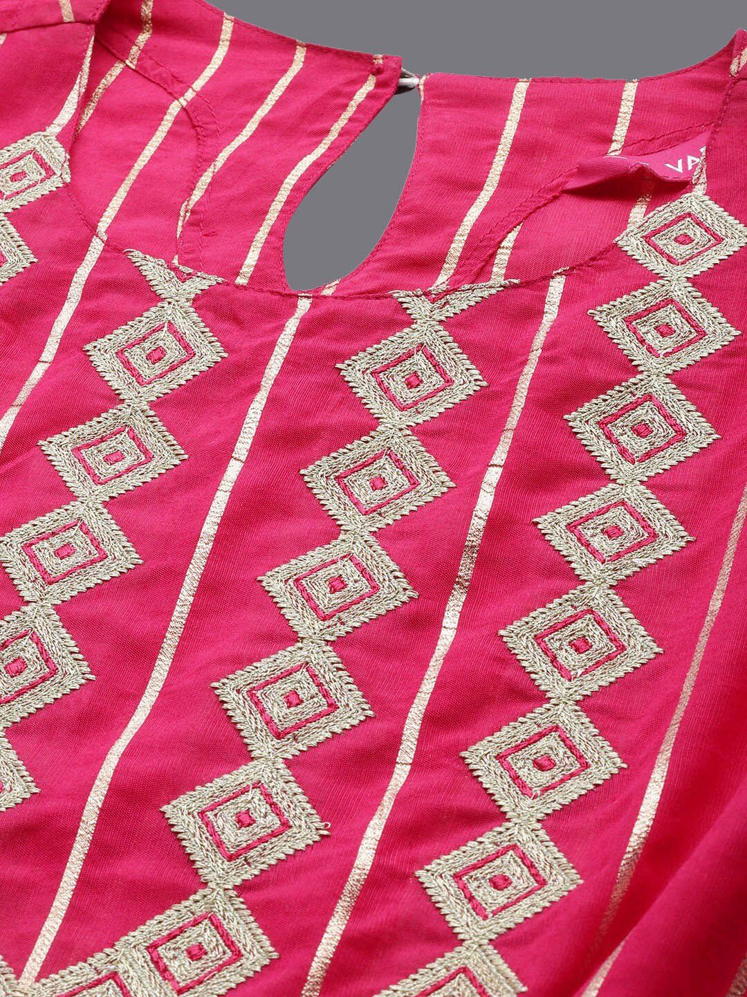 Dhiyona VA Women's Pink Embroidered Chanderi Silk Kurta with Trousers