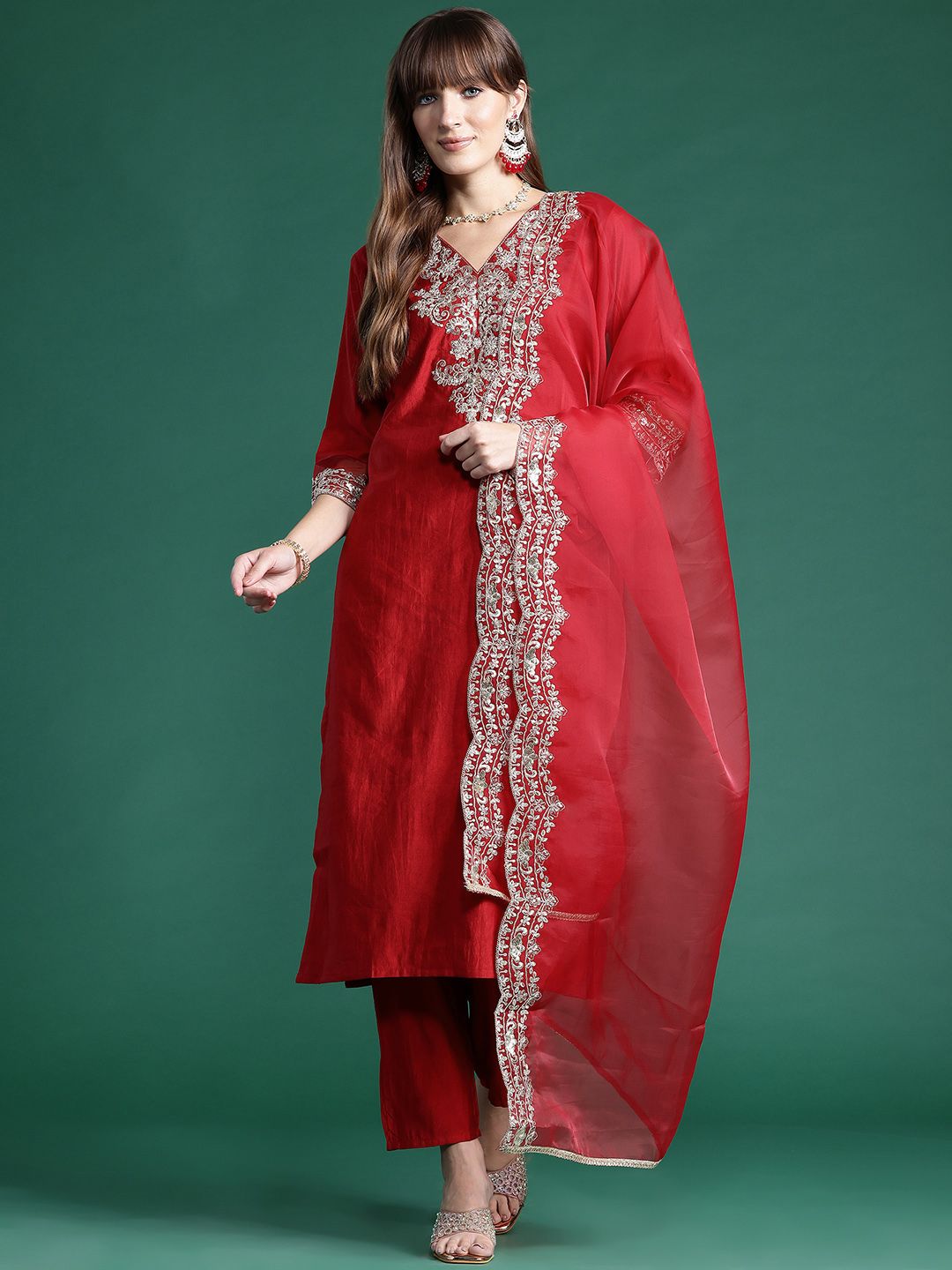 Dhiyona IE Ethnic Motifs Embroidered Regular Liva Kurta With Trousers & Dupatta