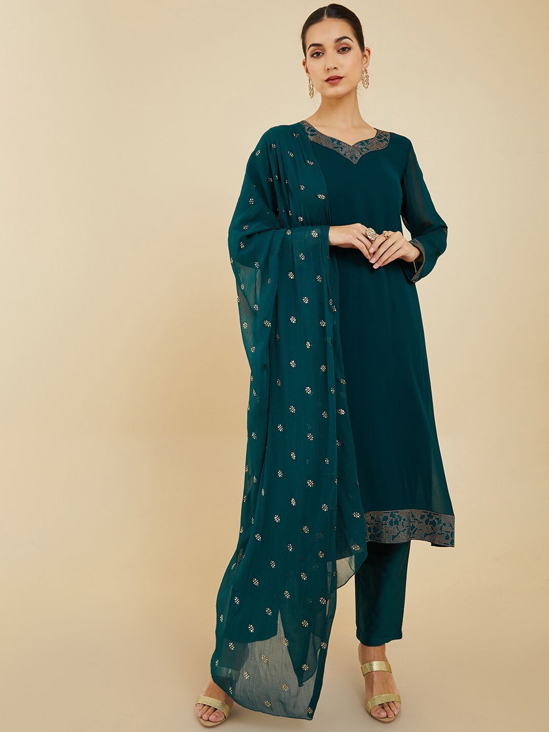 Dhiyona SO Women's Women Beads and Stones Silk Georgette Kurta with Trousers & Dupatta