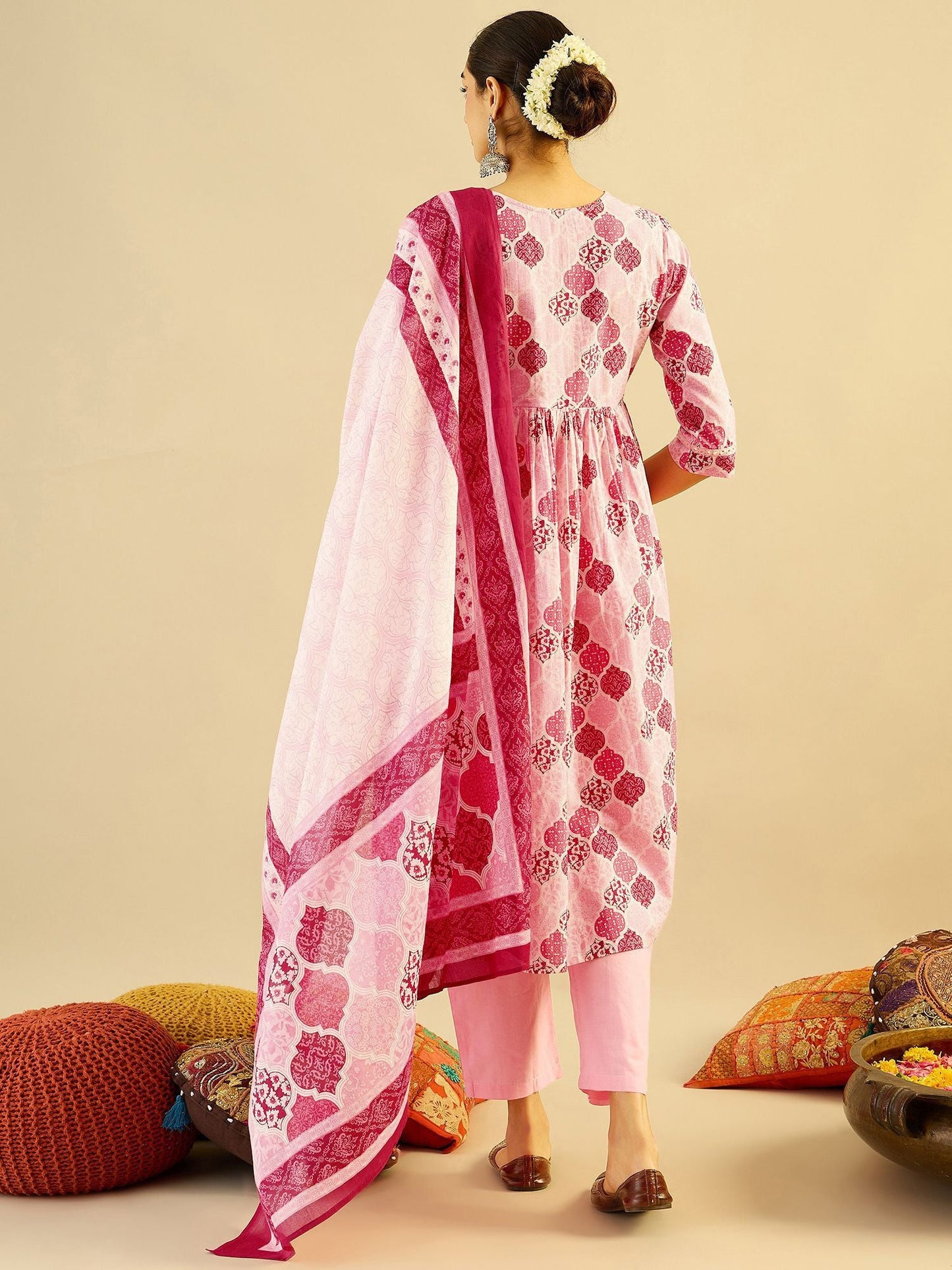 Dhiyona IE Ethnic Motifs Printed Mirror Work Pure Cotton Kurta with Trouser And Dupatta