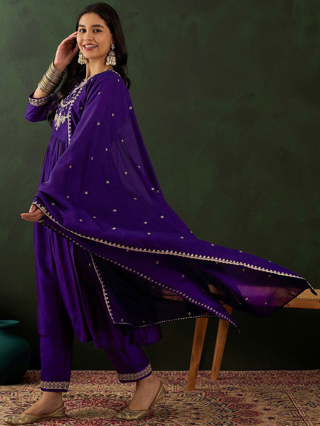 Dhiyona SN Women's Purple Ethnic Motifs Embroidered Keyhole Neck A-Line Kurta With Trouser & Dupatta