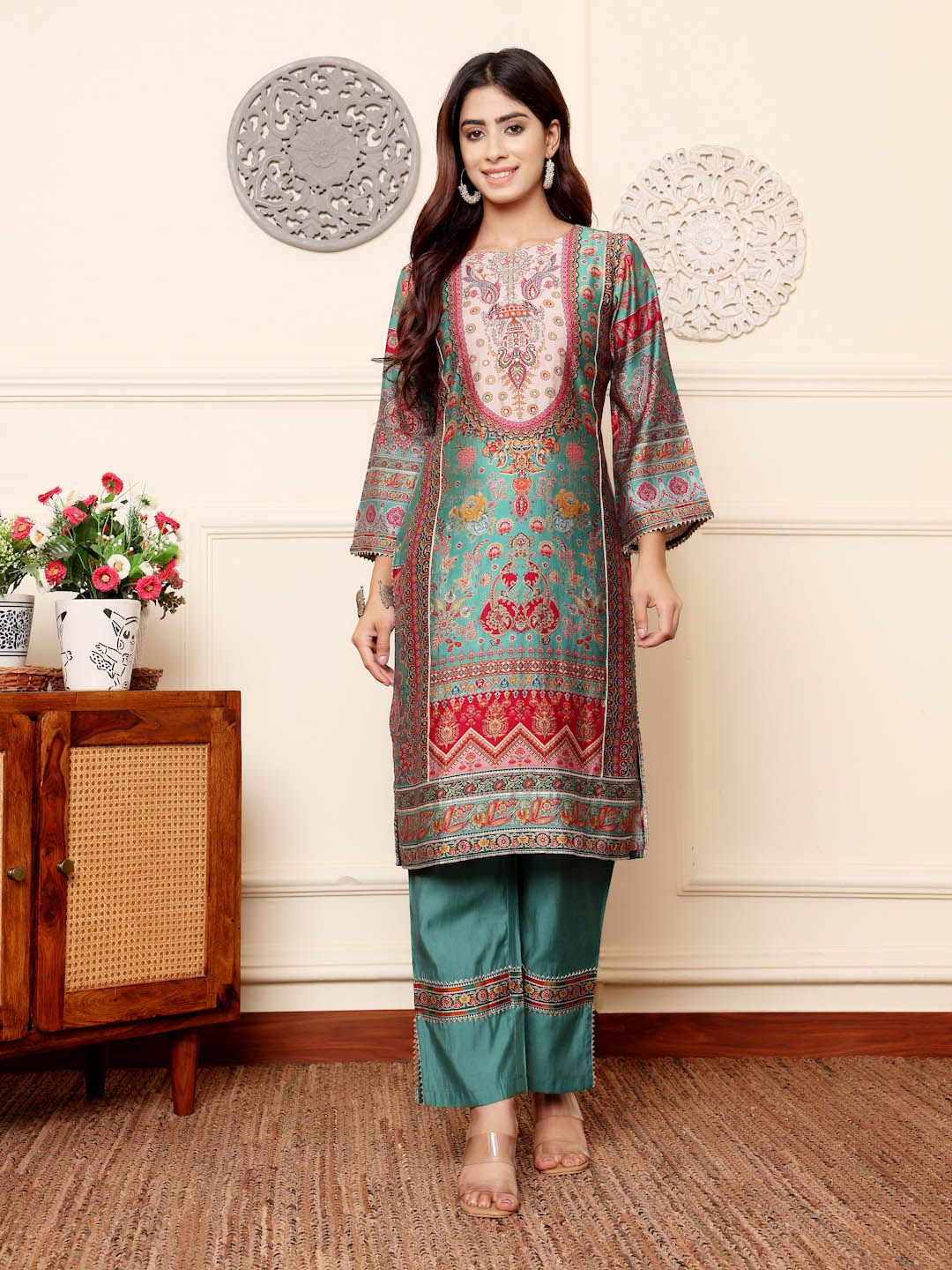 Dhiyona VA Women'sEthnic Motifs Printed Chanderi Silk Tunic With Trousers
