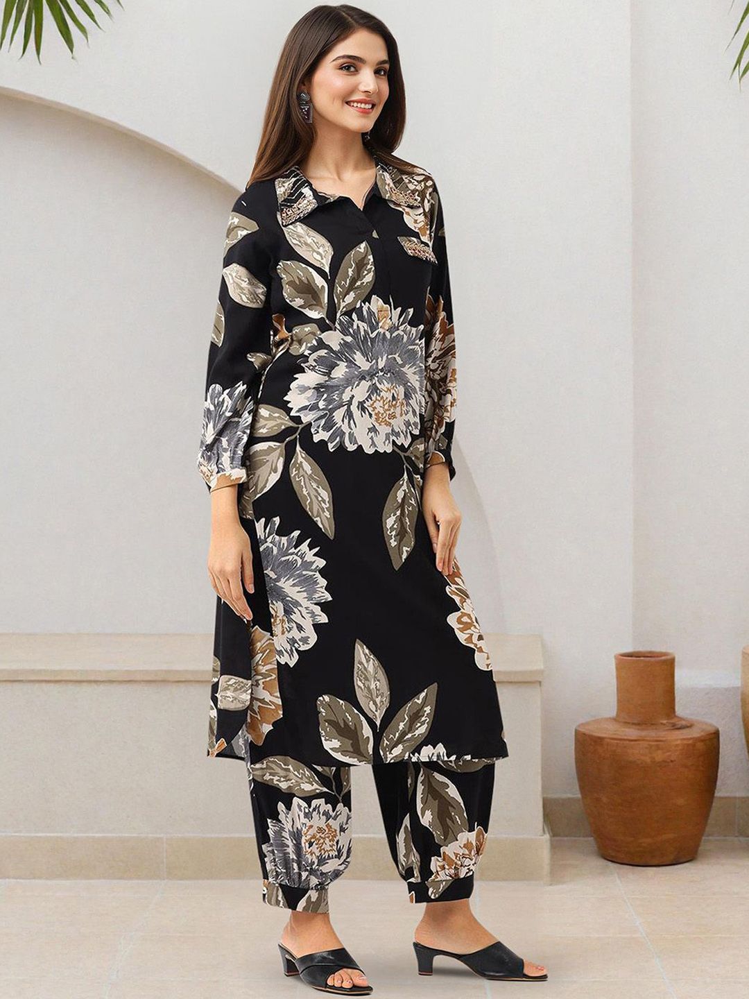 Dhiyona IS Women's Floral Printed Shirt Collar Straight Kurta With Salwar