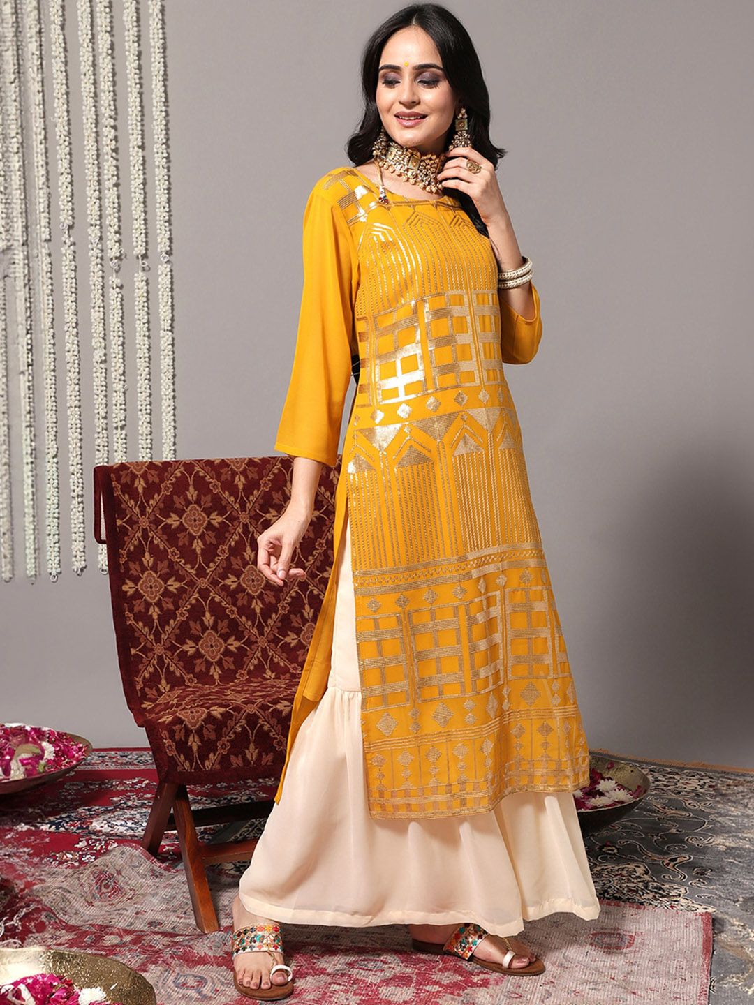 Dhiyona VA Women'sEthnic Motifs Embroidered Sequinned Detail Straight Kurta & Sharara With Dupatta