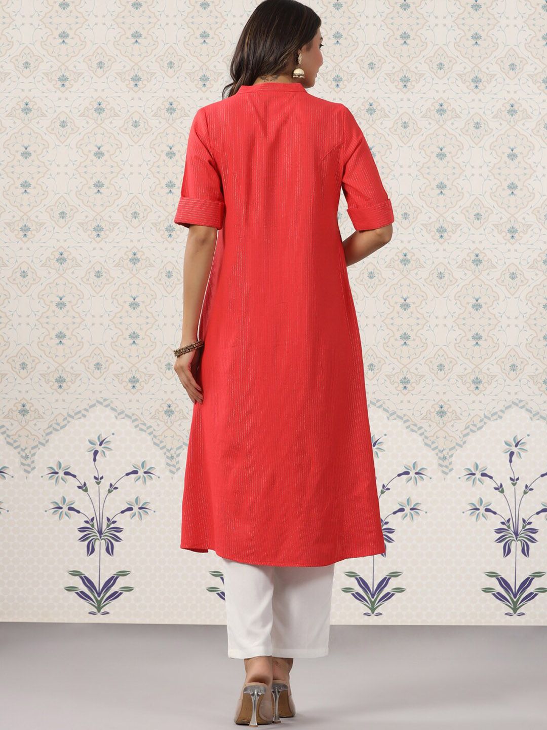 Dhiyona OD Striped Mandarin Collar Roll Up Sleeves Kurta with Palazzos