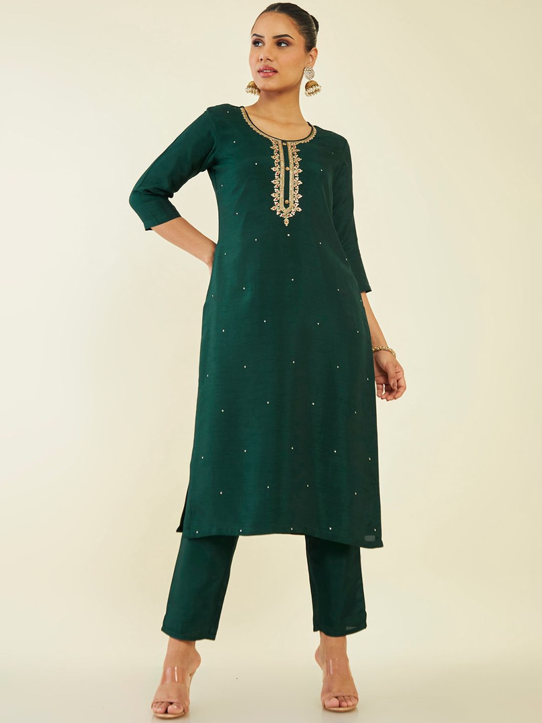 Dhiyona SO Women's Floral Embroidered Zari Kurta with Trousers & Dupatta