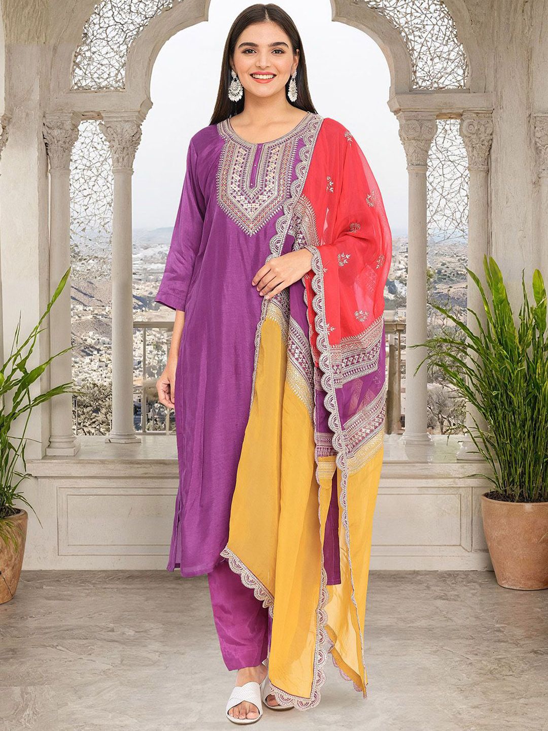 Dhiyona IS Women's Floral Yoke Design Zari Straight Kurta With Trouser And Dupatta