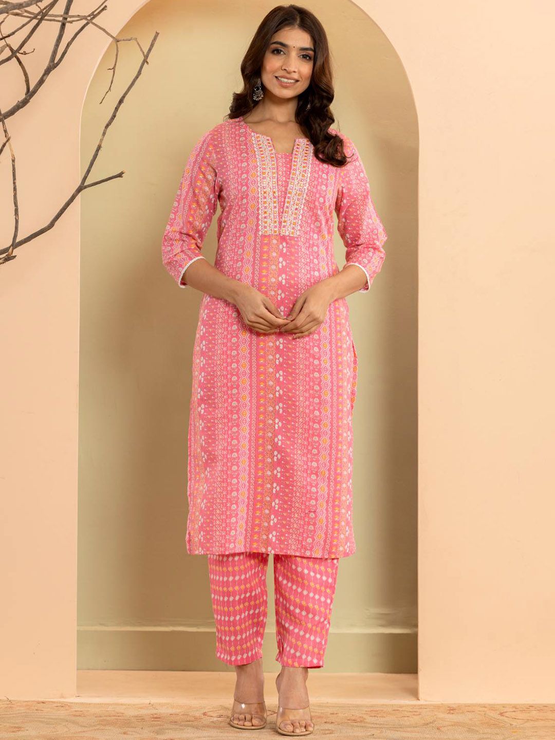 Dhiyona VA Women'sEthnic Motifs Printed Regular Mirror Work Kurta with Trousers & With Dupatta