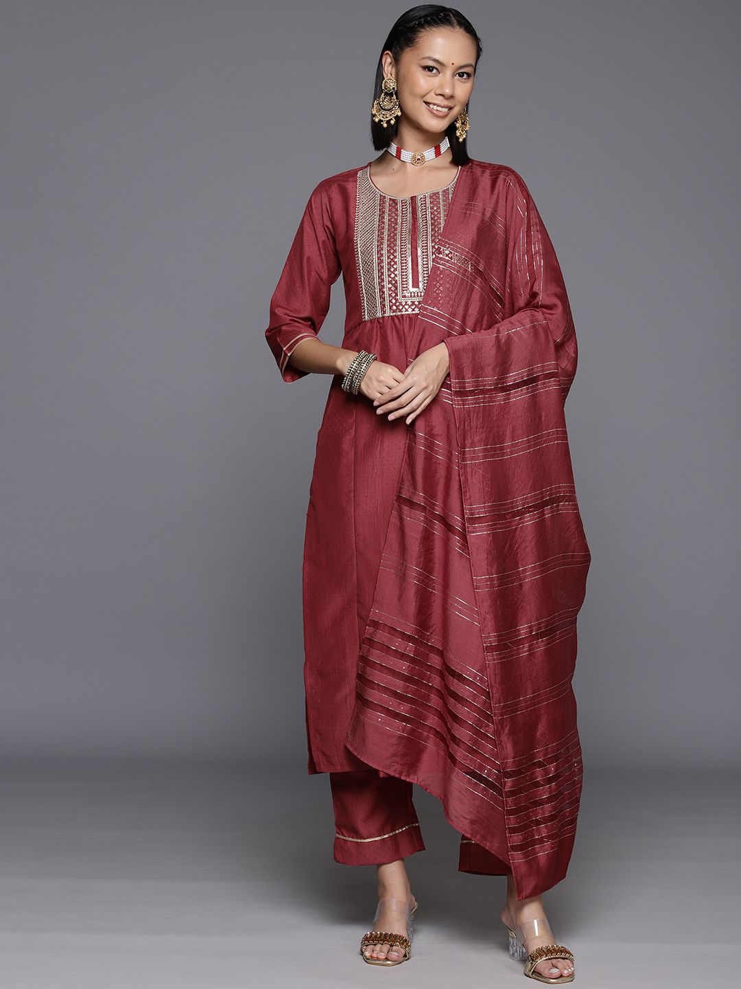 Dhiyona VA Women's Yoke Design Sequinned Kurta with Trousers & With Dupatta
