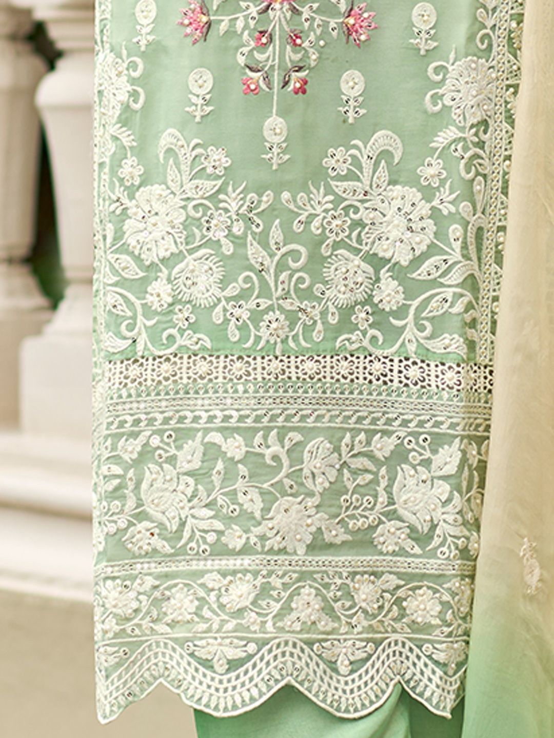 Floral Embroidered Sequinned Straight Organza Kurta With Trousers And Dupatta