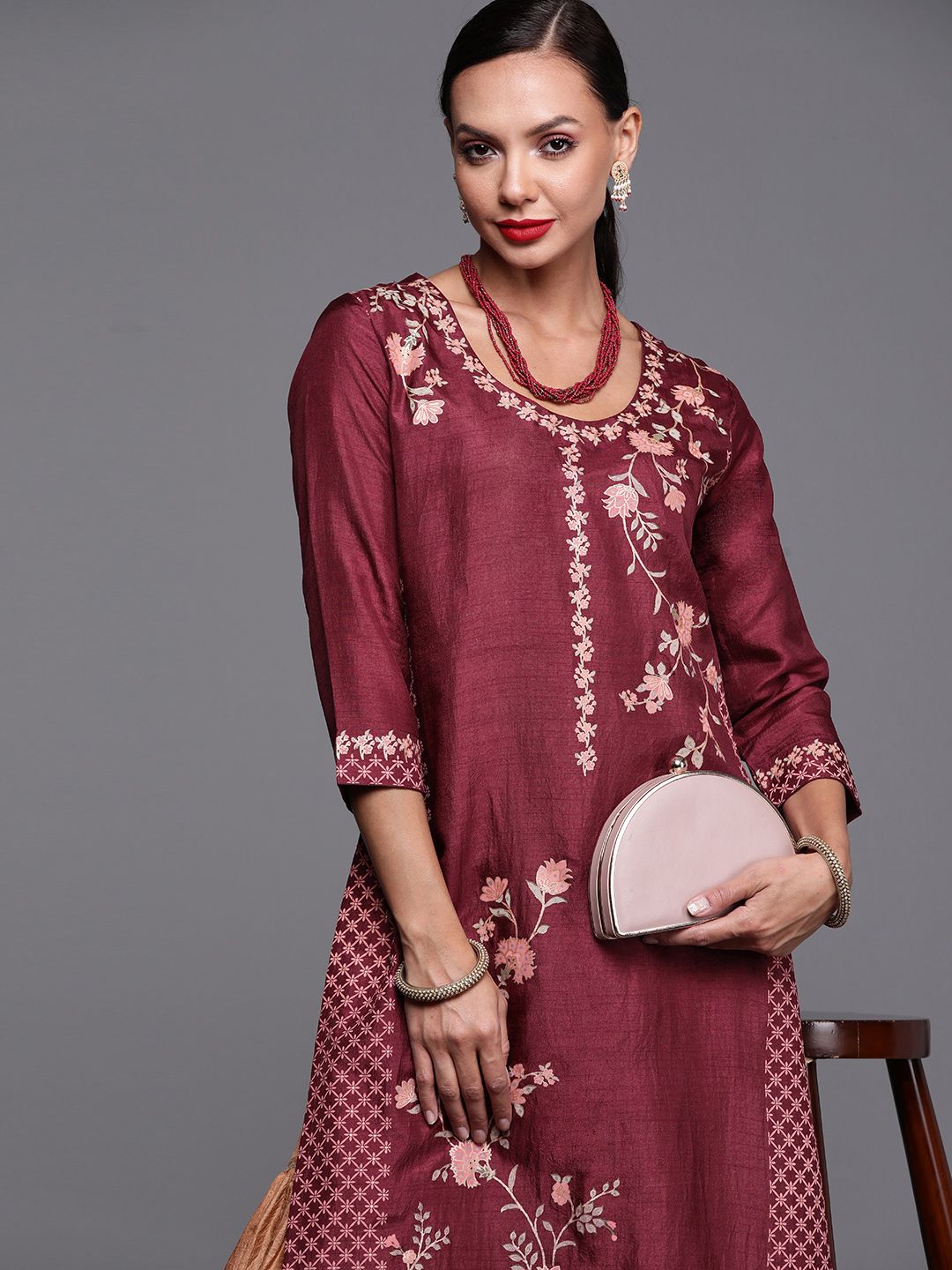 Dhiyona IE Women Maroon & Beige Ethnic Motifs Printed Kurta