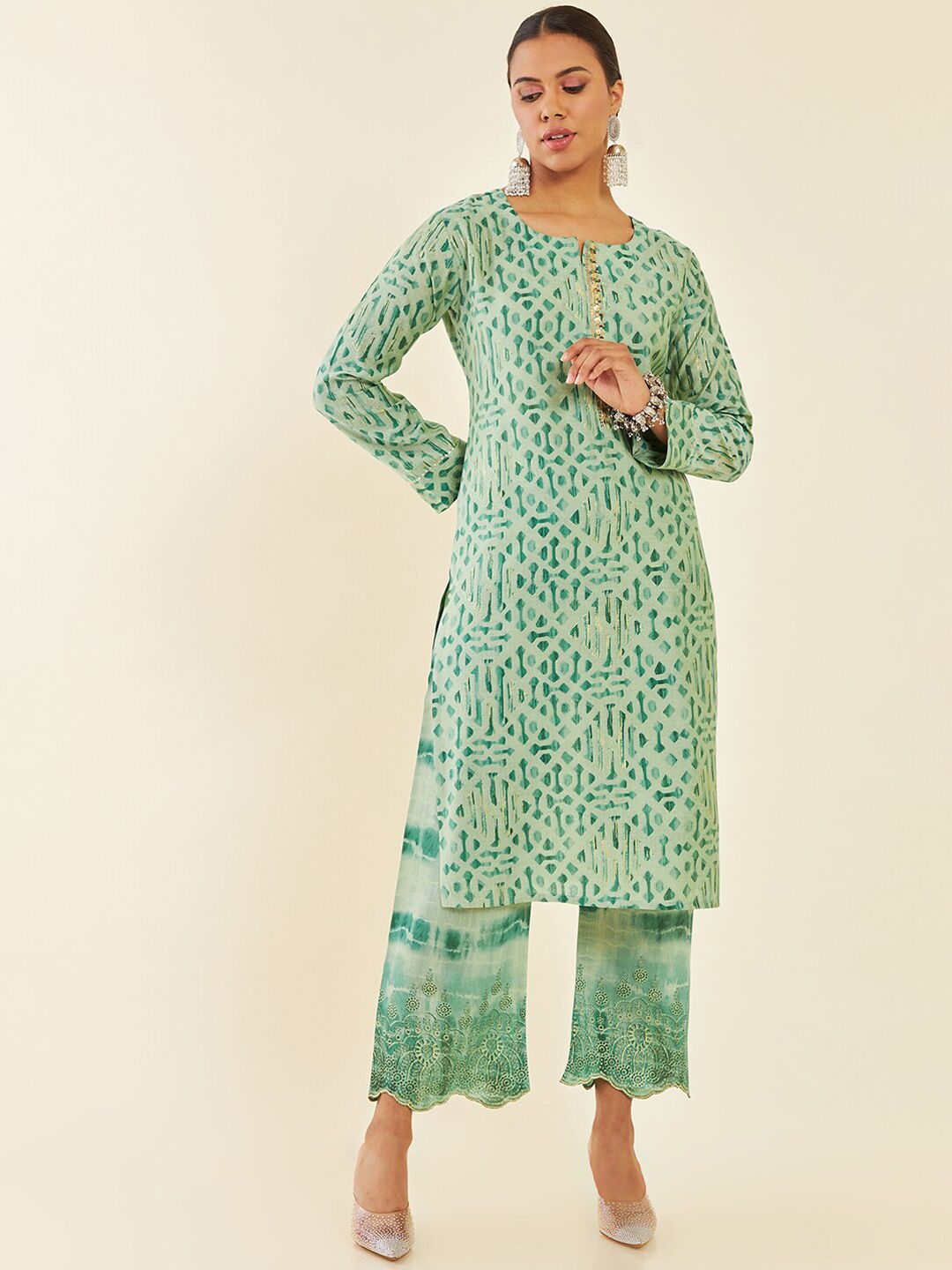 Dhiyona SO Women's Printed Sequinned Straight Kurta With Palazzos