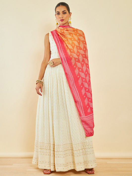 Dhiyona SO Women's Off White Floral Embroidered Sequinned Anarkali Kurta With Churidar & Dupatta