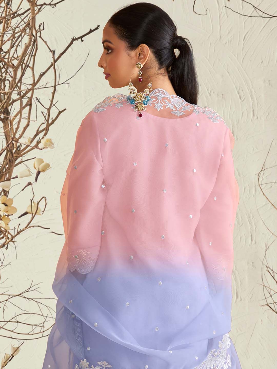 Dhiyona IE Lavender Floral Embroidered Round Neck Thread Work Kurta with Trousers & Dupatta