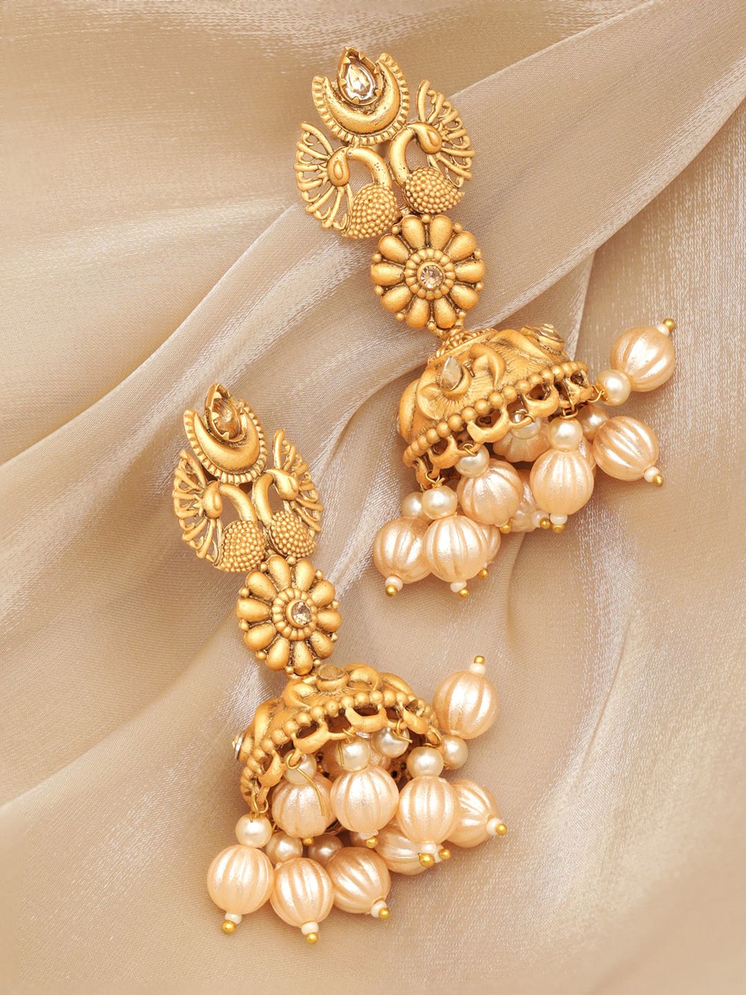 Dhiyona RJ Women's Gold-Plated Pearls Peacock Shaped Jhumkas Earrings