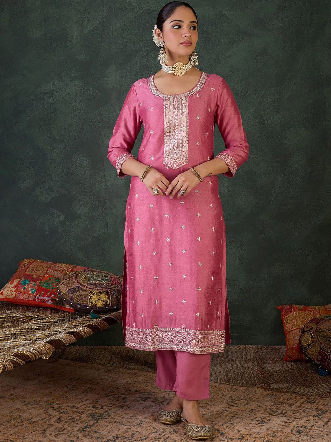 Women Ethnic Motifs Embroidered Regular Sequinned Kurta with Trousers & Dupatta
