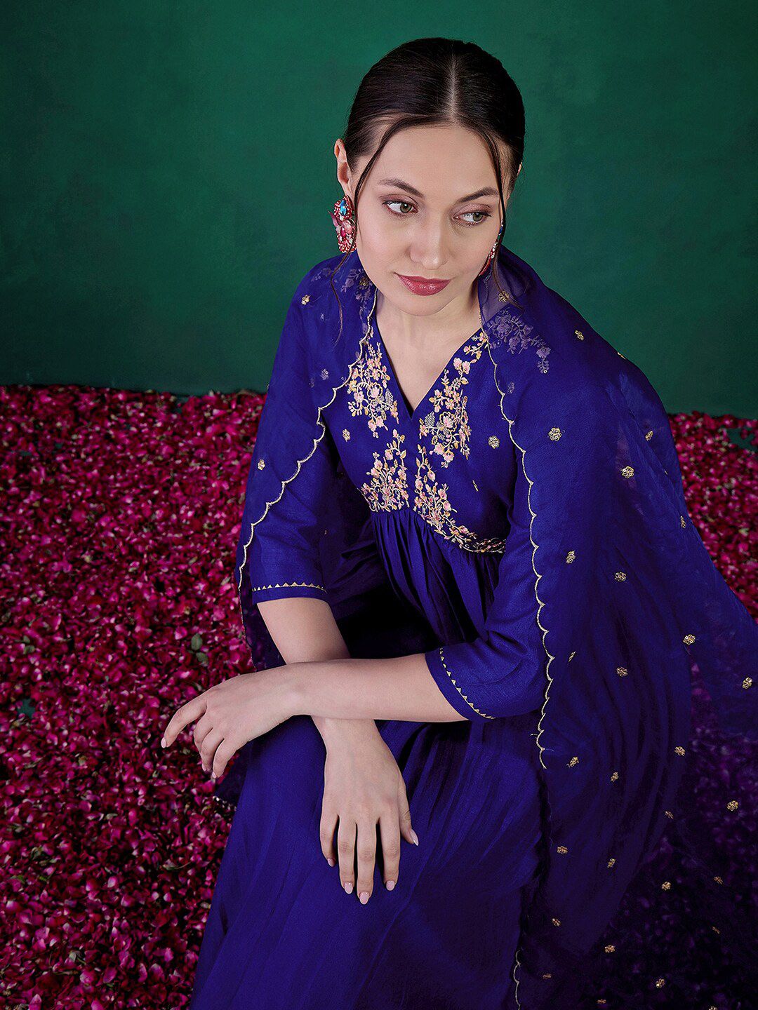 Dhiyona SN Women's Blue Floral Embroidered Sequinned V-Neck A-Line Kurta With Palazzo & Dupatta