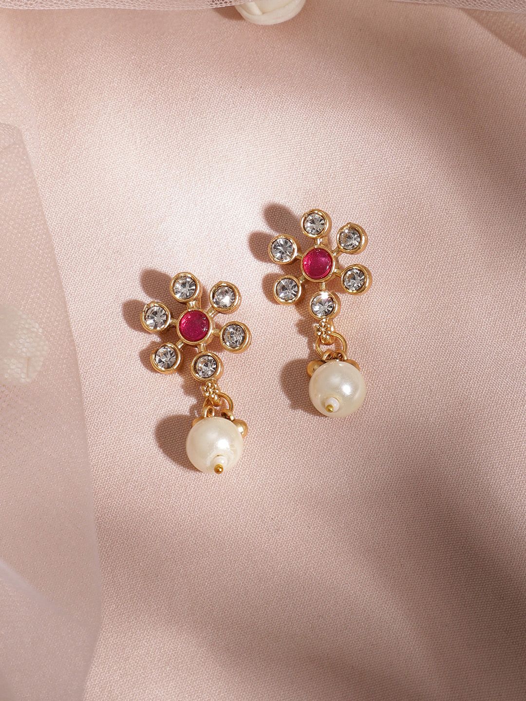 Dhiyona RJ Women's Women 22KT Gold Plated Brass Metal Ruby Studded White Beaded Floral Necklace Set