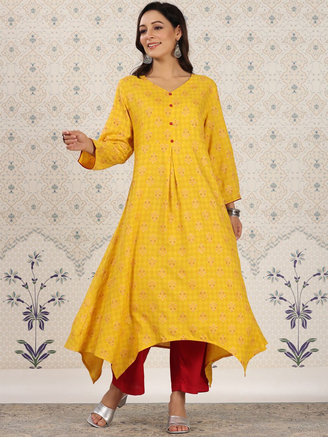 Dhiyona OD Ethnic Motifs Printed V-Neck Asymmetric A-Line Kurta