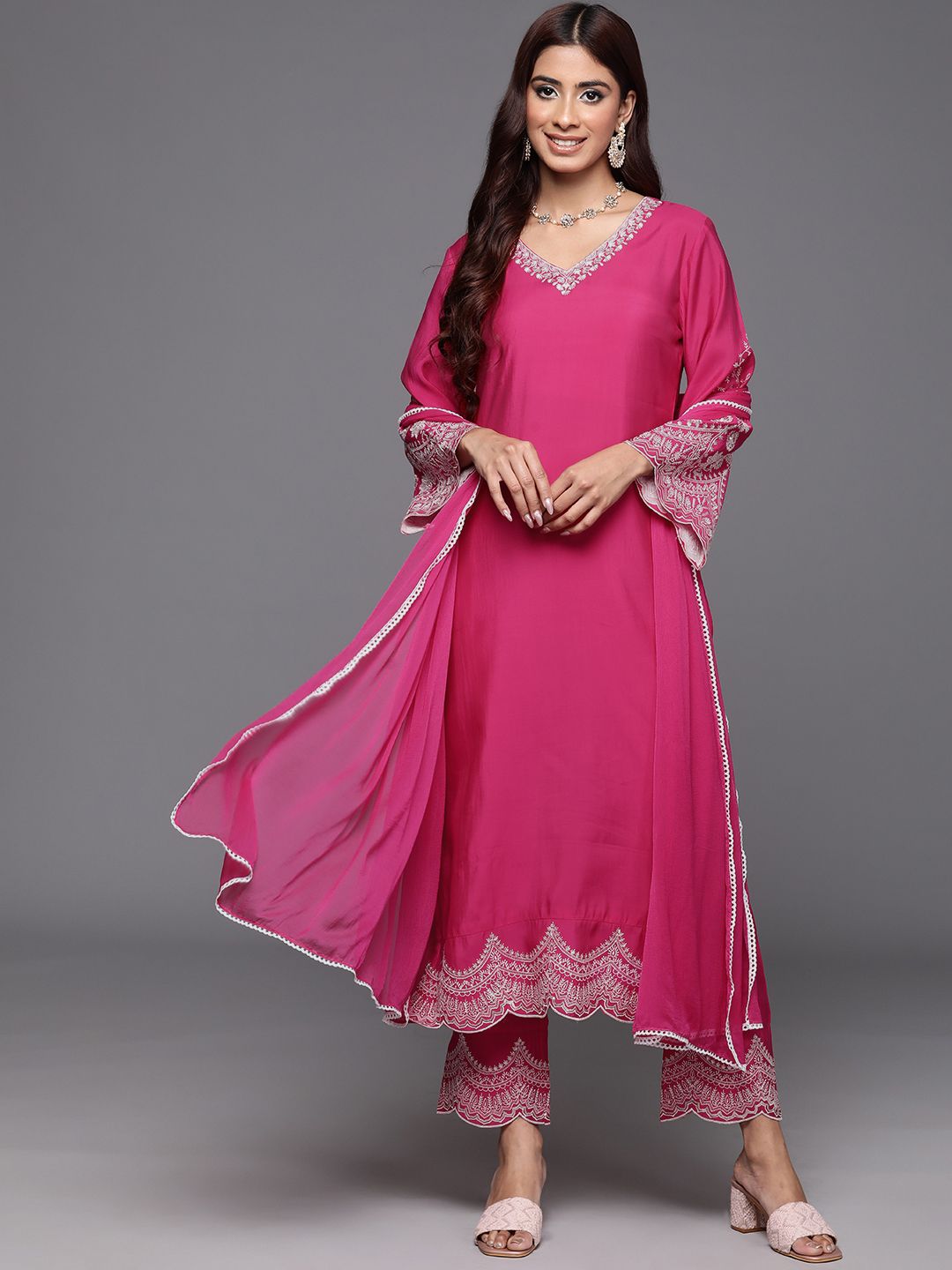 Dhiyona VA Women's Floral Embroidered Thread Work Kurta with Embroidered Trousers & Dupatta