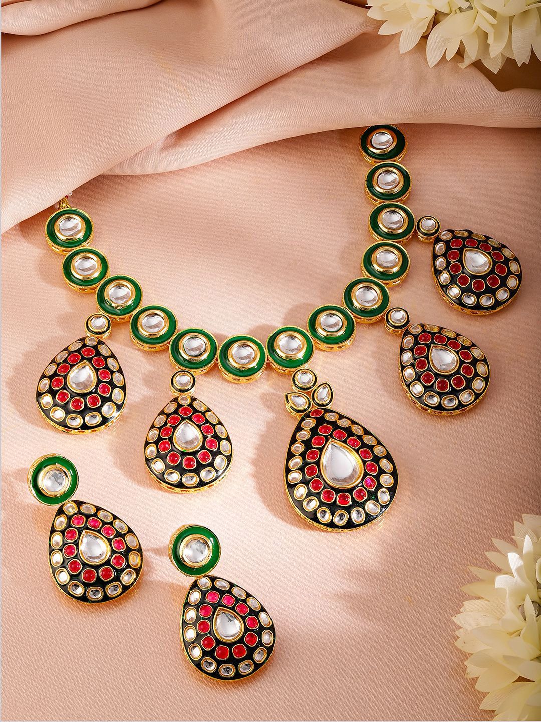 Dhiyona RJ Women's 24K Gold-Plated Green & Black Enamel Border Ruby Pink & White Kundan Necklace Set