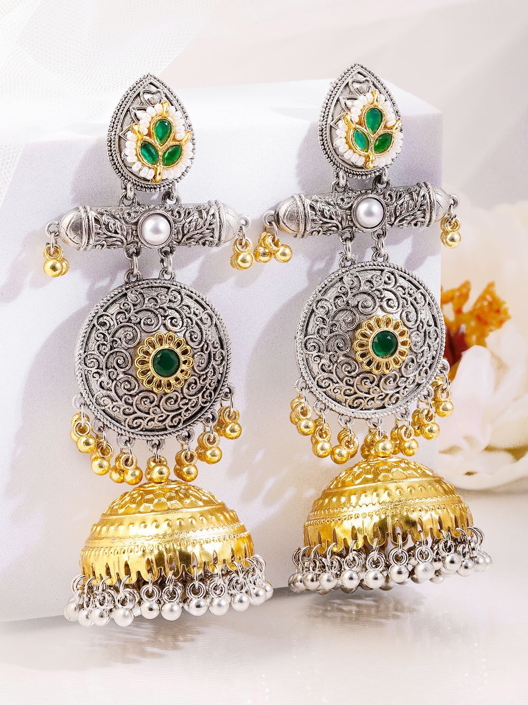 Dhiyona RJ Women's Silver & Gold Dual-Plated Oxidised Long Green Stone with Gold & Silver Beads Jhumka