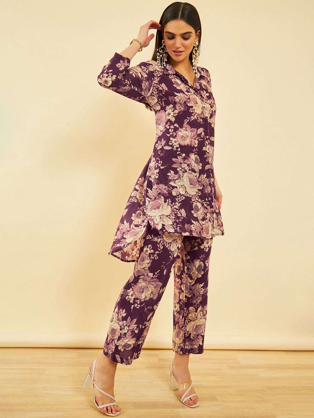 Dhiyona SO Women's Floral Printed High-Low Regular Kurta with Trousers