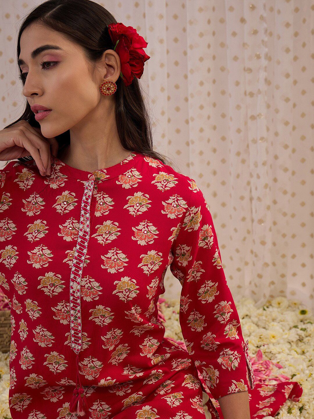 Dhiyona IE Floral Printed Mandarin Collar Three-Quarter Sleeves Kurta