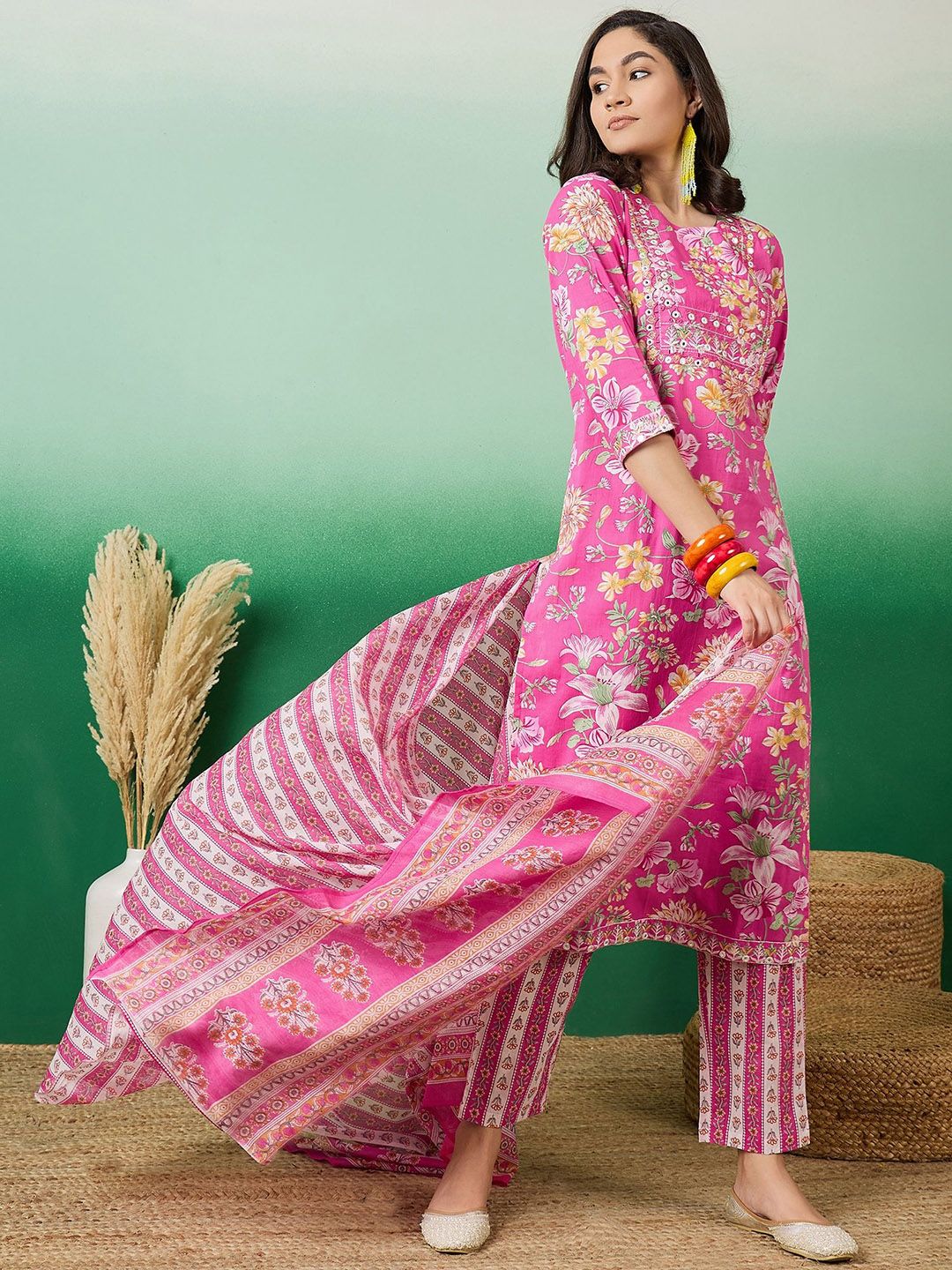 Dhiyona SN Women's Printed Pure Cotton Straight Kurta With Trousers & Dupatta