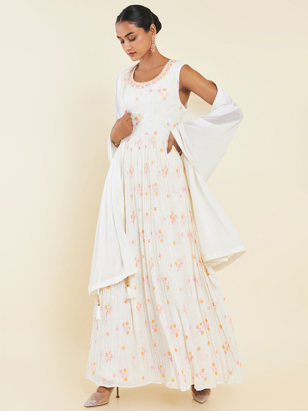 Dhiyona SO Women's Off Floral Embroidered Georgette Anarkali Kurta With Leggings And Dupatta