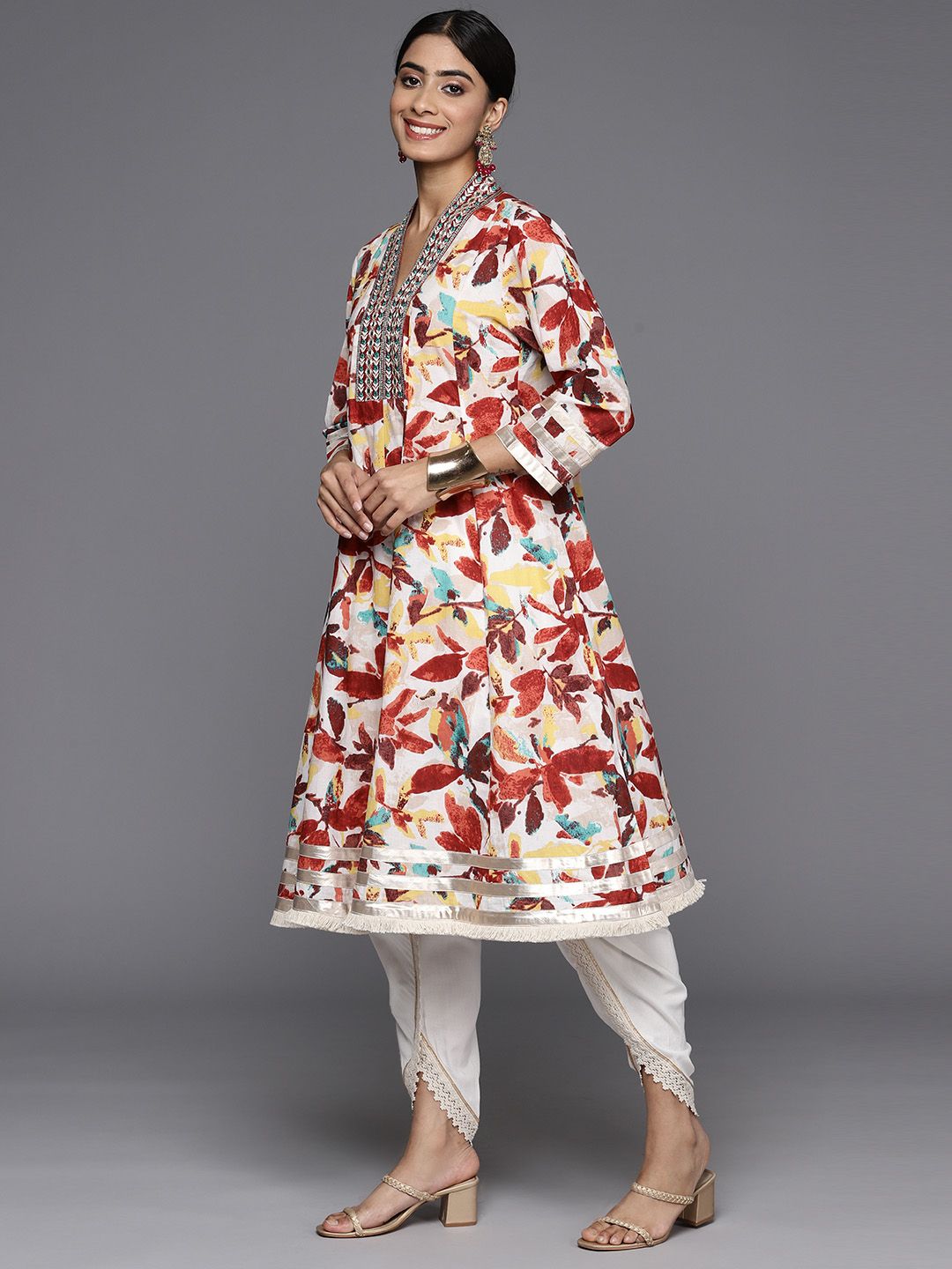 Dhiyona VA Women's Floral Printed Panelled Mirror Work Pure Cotton Kurta with Dhoti Pants
