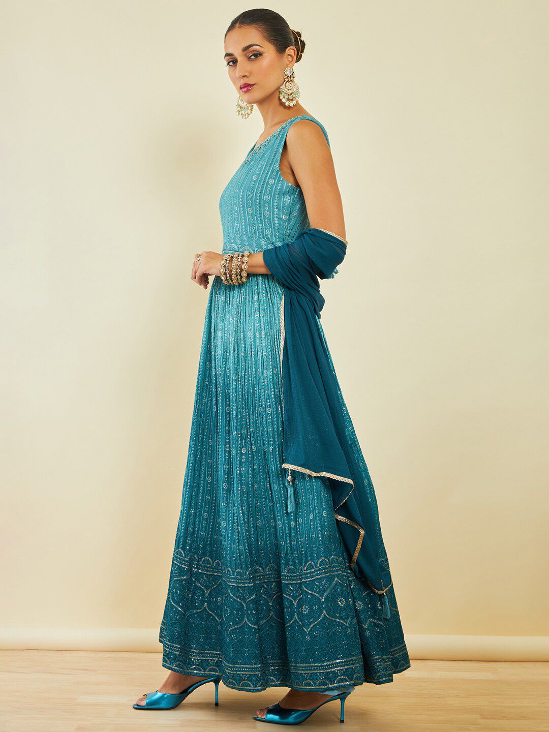 Dhiyona SO Women's Turquoise Blue Floral Embroidered Sequinned Anarkali Kurta With Churidar & Dupatta