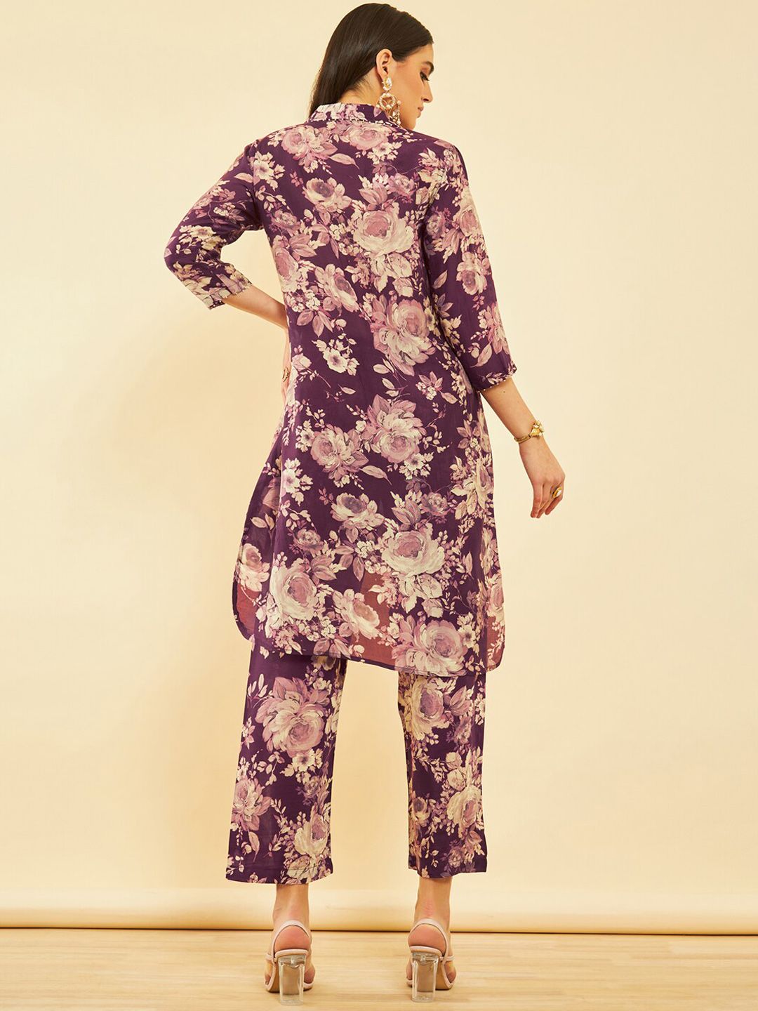 Dhiyona SO Women's Floral Printed High-Low Regular Kurta with Trousers