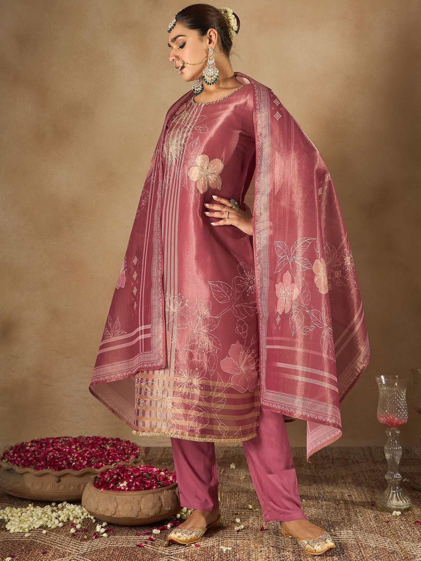 Dhiyona IE Floral Printed Sequinned Straight Kurta With Trousers And Dupatta