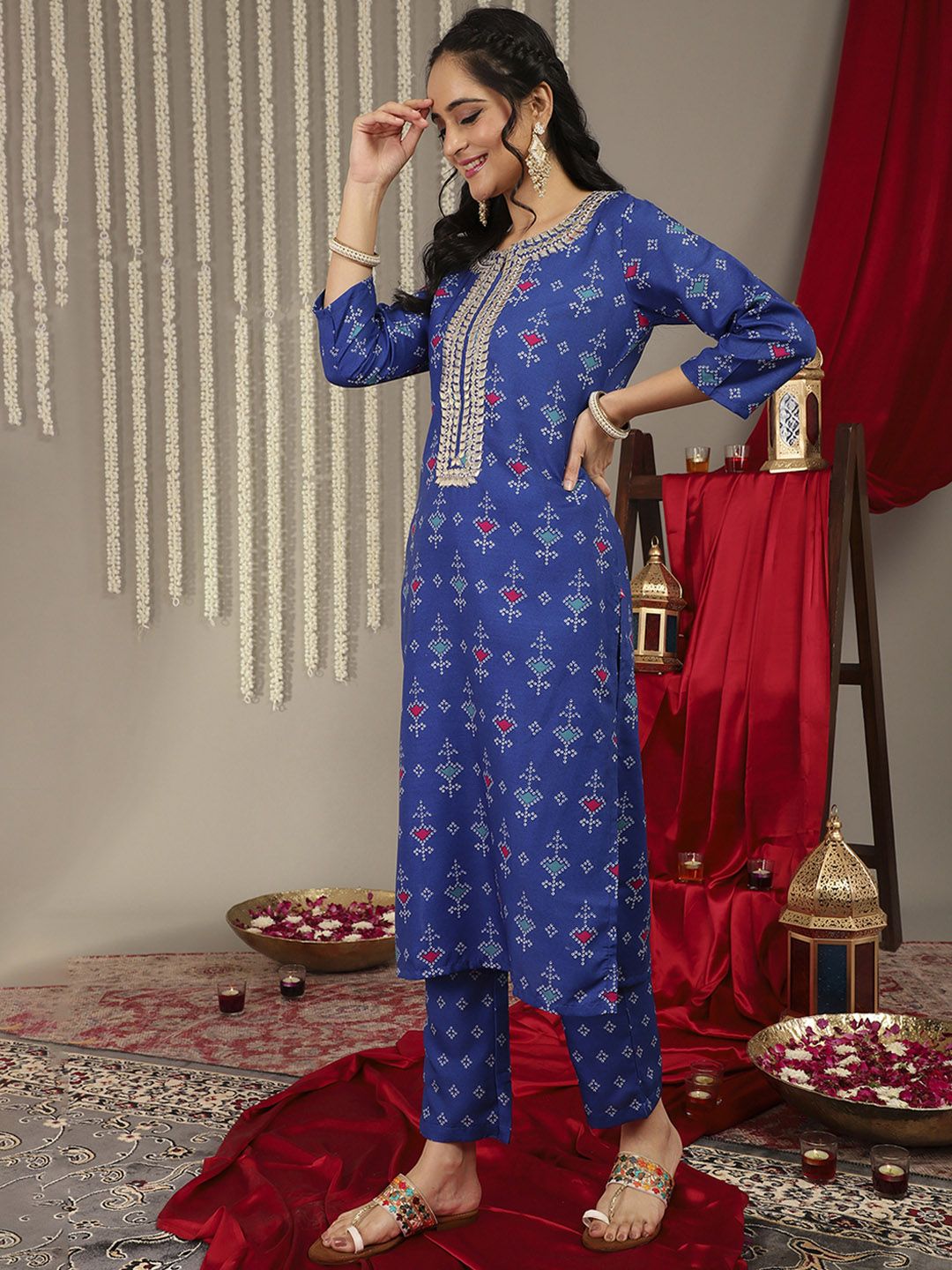Dhiyona VA Women's Blue Bandhani Printed Gotta Patti Kurta with Trousers & Dupatta