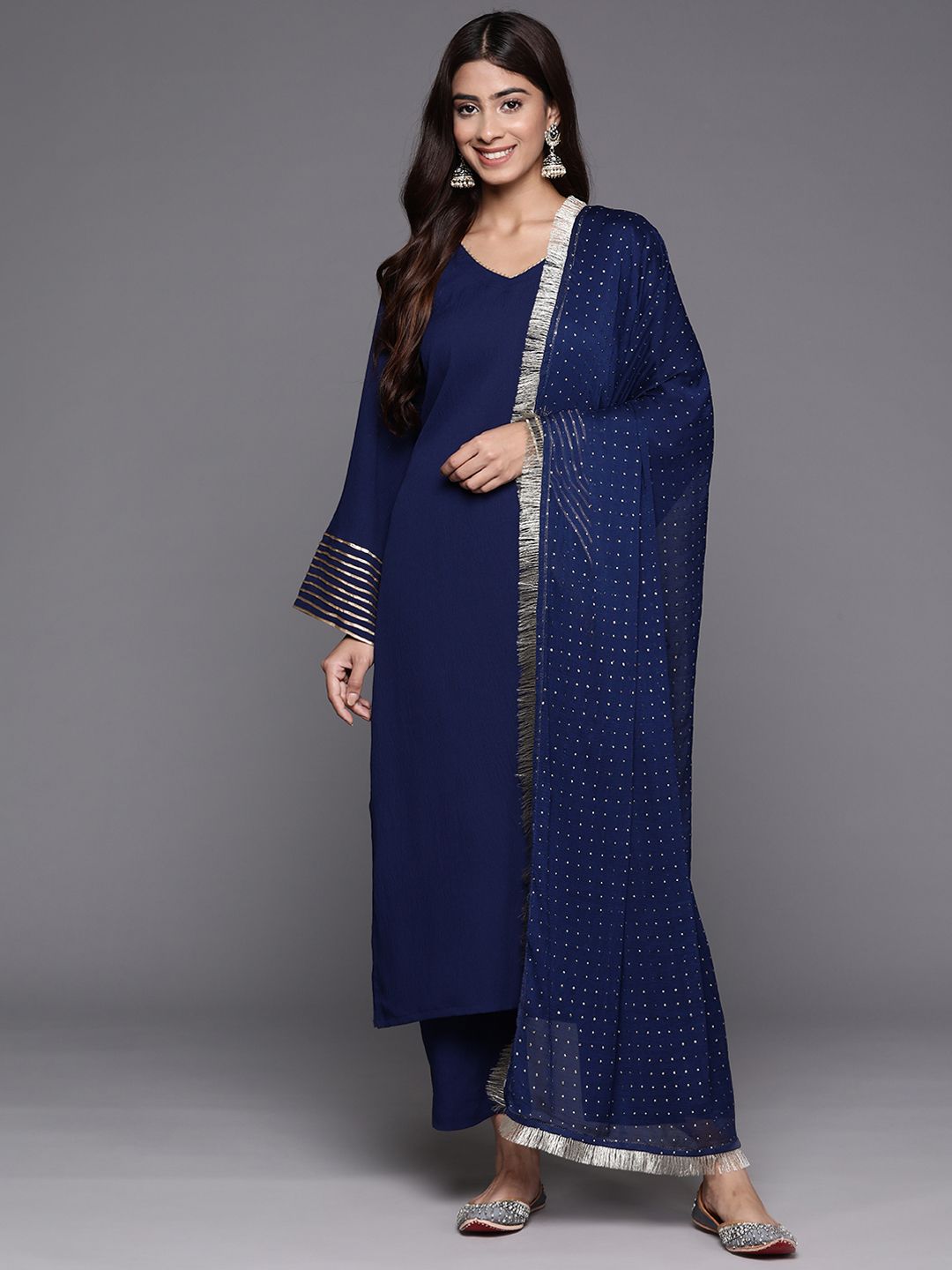 Dhiyona VA Women'sNavy Blue V Neck Flared sleeves Kurta with trouser and dupatta