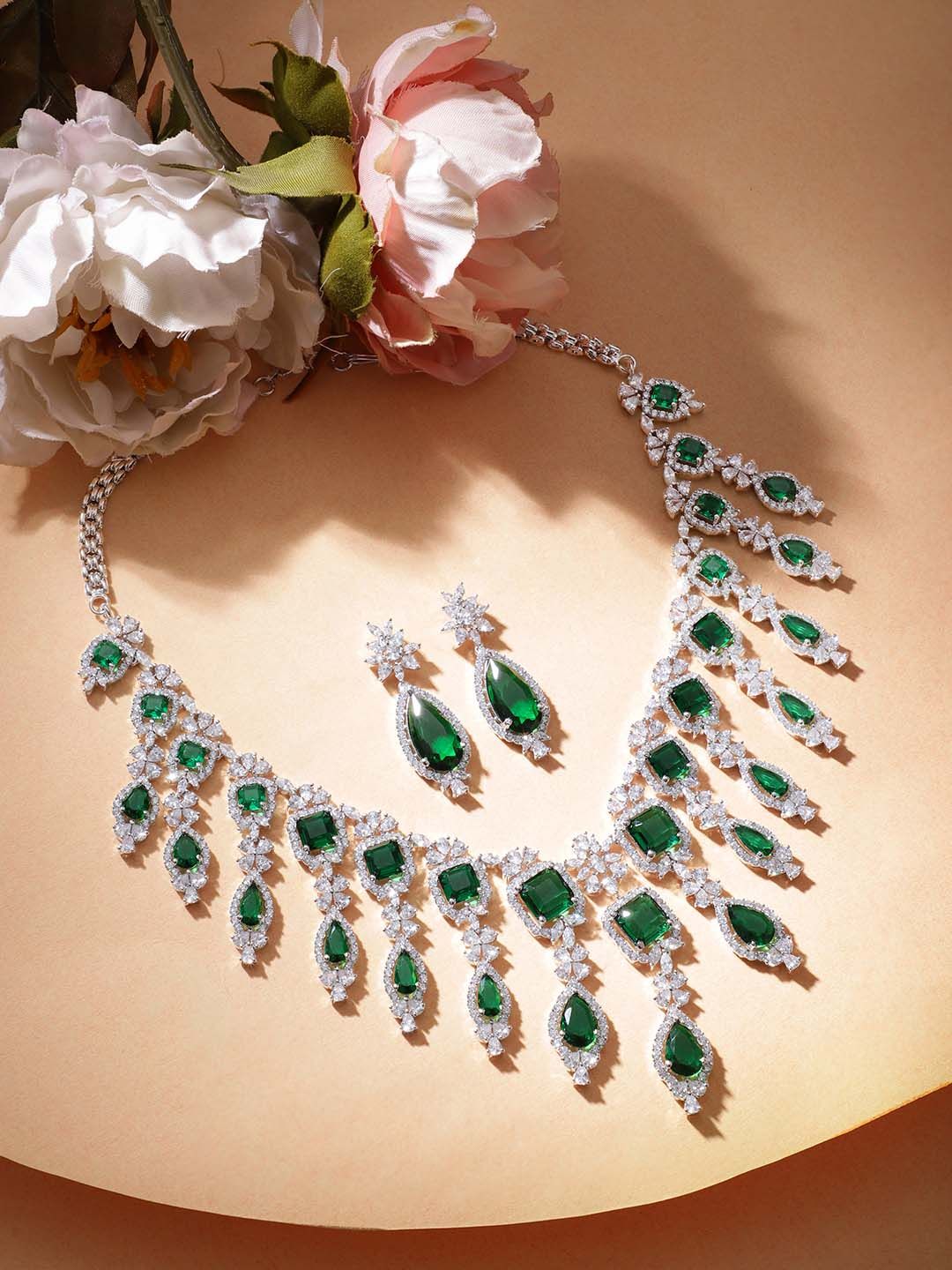 Dhiyona RJ Women's Premium Rhodium Plated AAA Cubic Zirconia & Emerald Studded Necklace Set