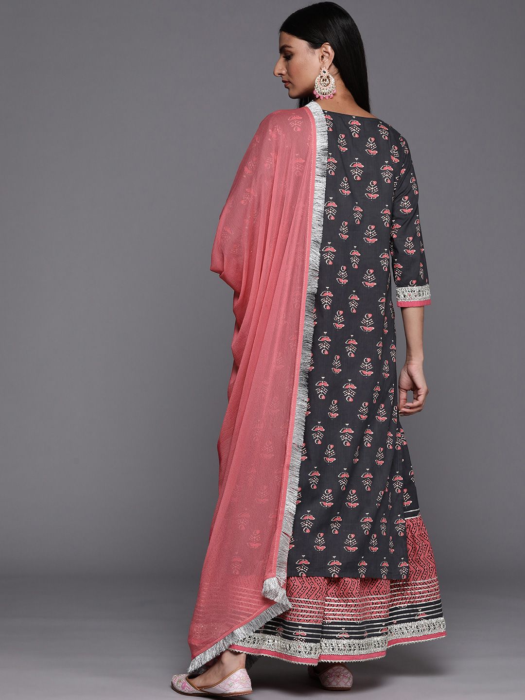Dhiyona VA Women's Grey Ethnic Motifs Printed Gotta Patti Kurta with Sharara & With Dupatta