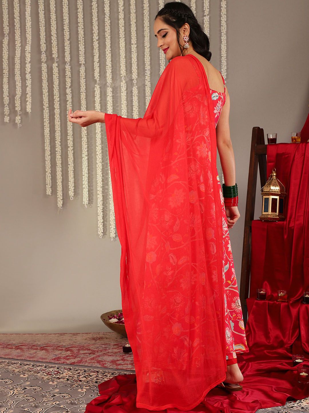 Dhiyona VA Women'sFloral Printed Shoulder Straps Anarkali Kurta & Trousers With Dupatta