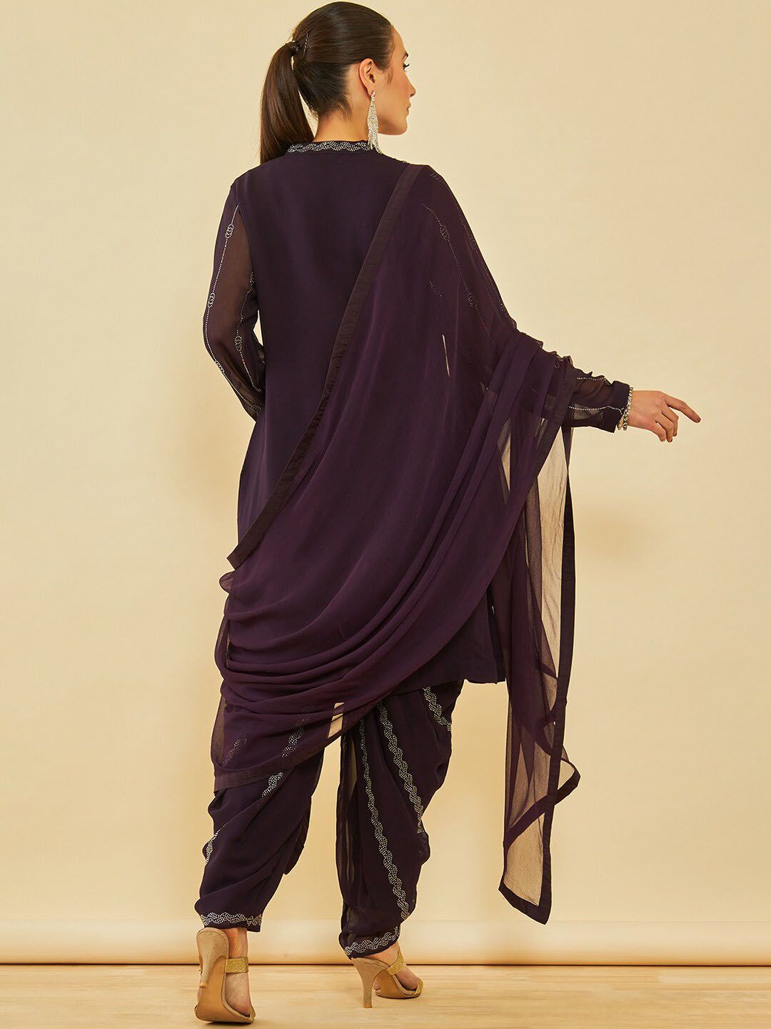 Dhiyona SO Women's Ethnic Motifs Regular Beads and Stones Kurta with Dhoti Pant & With Dupatta