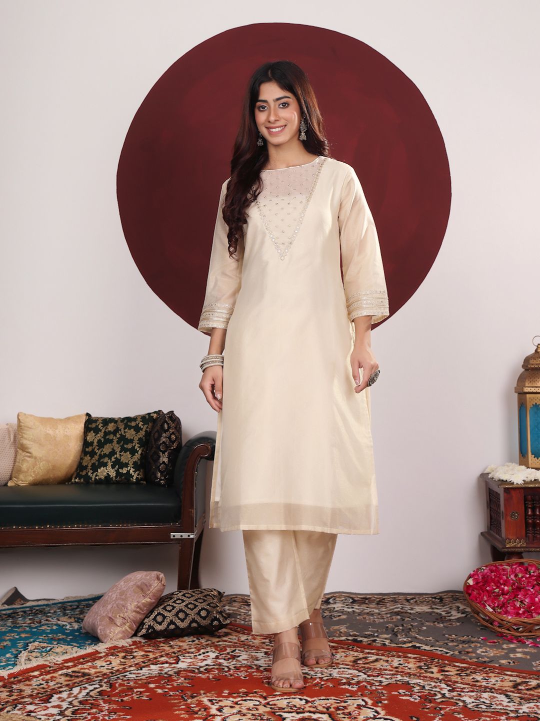 Dhiyona VA Women'sFloral Yoke Design Round Neck Regular Kurta With Palazzo With Dupatta