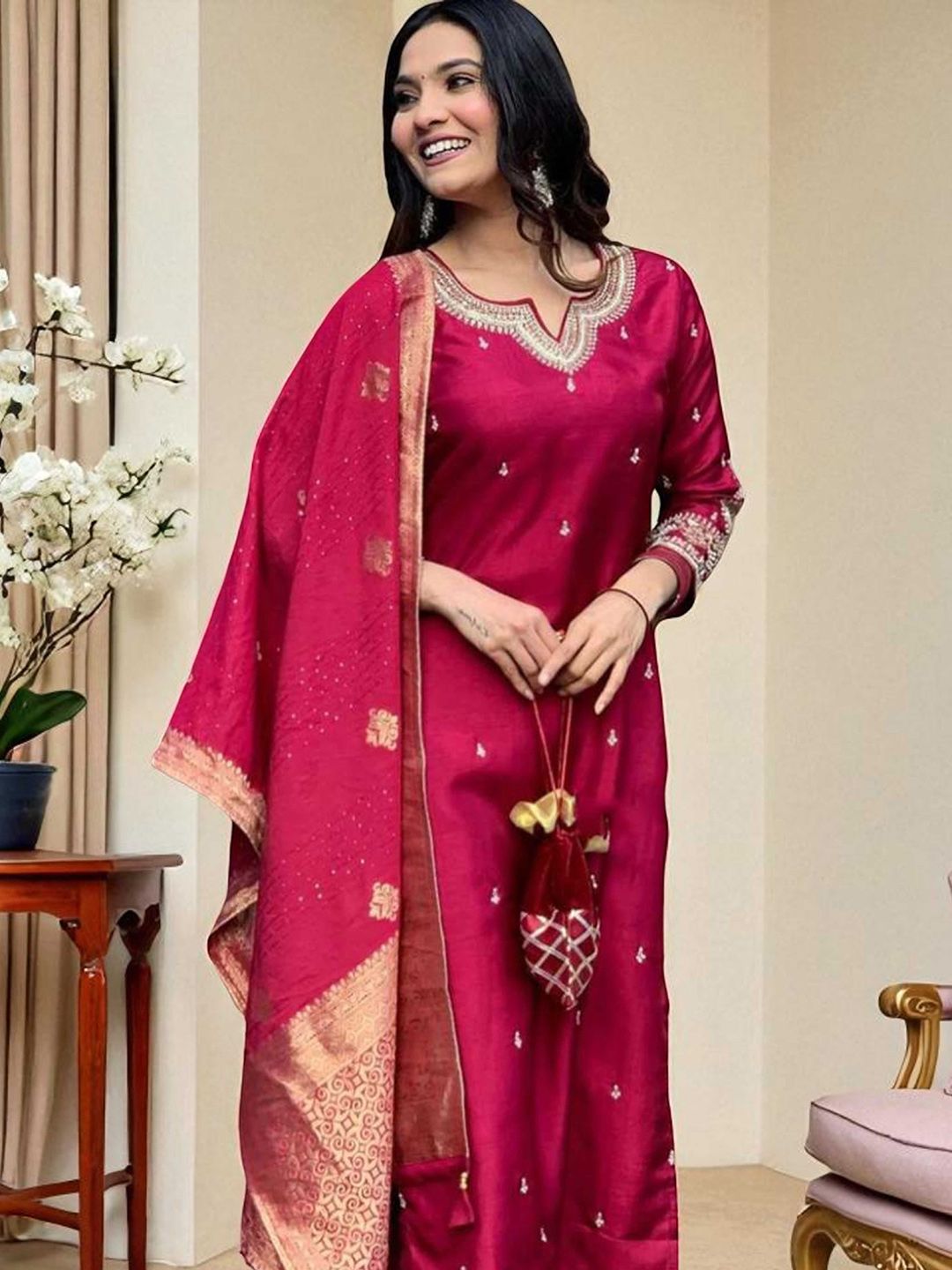 Dhiyona SN Women's Embroidered Calf Length Regular Straight Kurta & Pyjamas With Dupatta