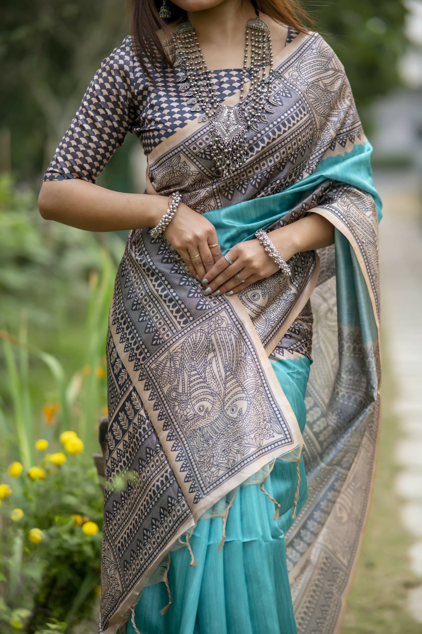 Women Yogita Madhubani 3 Rama Saree With Unstiched Blouse