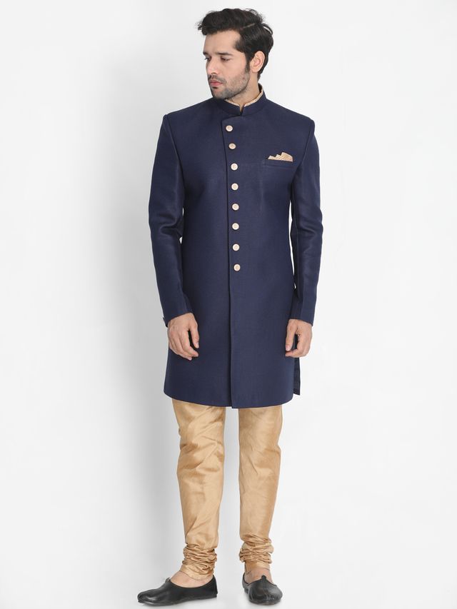 Men's Dark Blue Polyester Lurex Blend Straight Sherwani Set