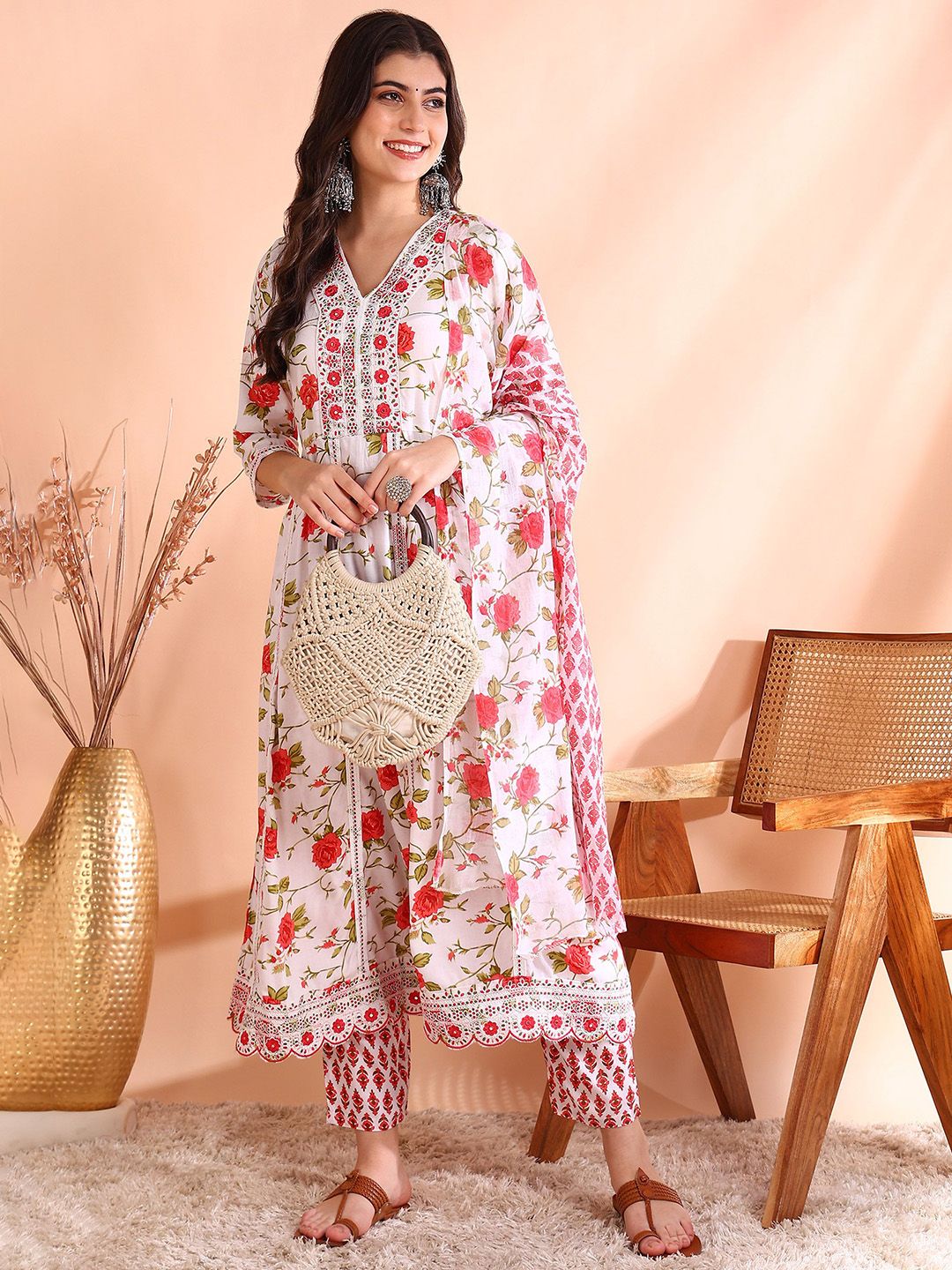 Dhiyona OD  Thread Work Pure Cotton Anarkali Kurta with Trousers & Dupatta
