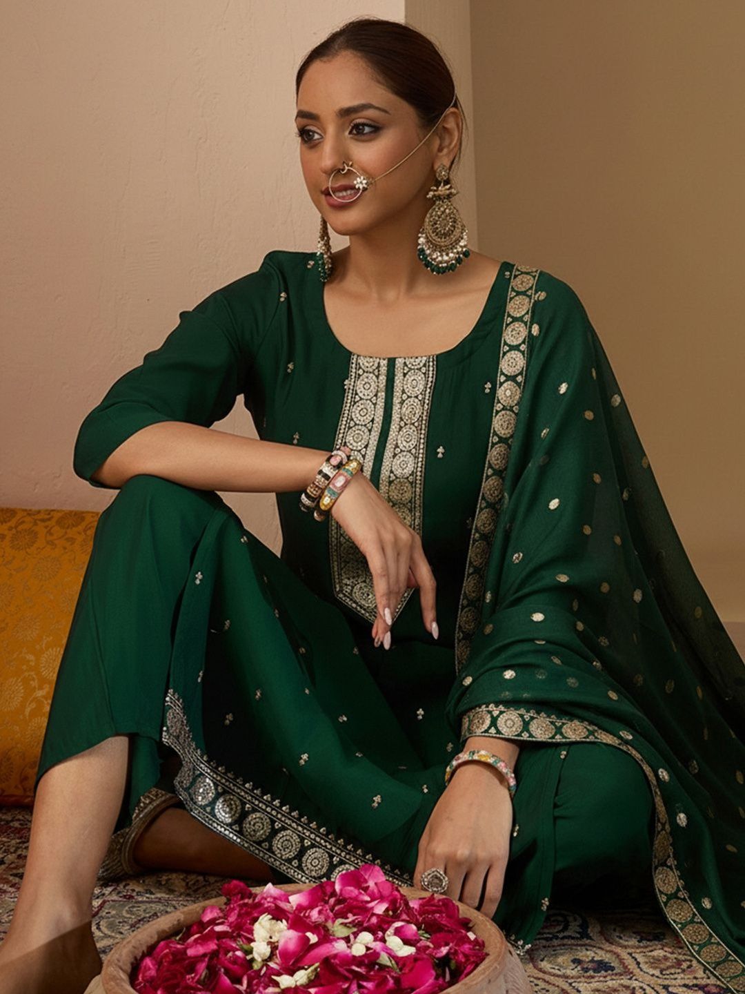 Ethnic Motifs Embroidered Straight Thread Work Kurta With Trousers & Dupatta