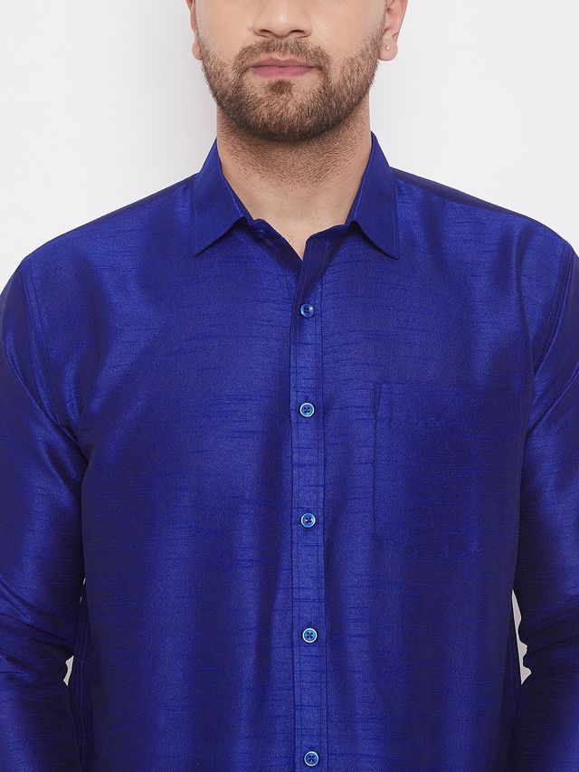 Men's Blue Silk Blend Straight Shirt And Mundu