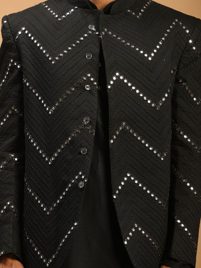 Men's Black Viscose Straight Jacket Kurta and Pyjama Set